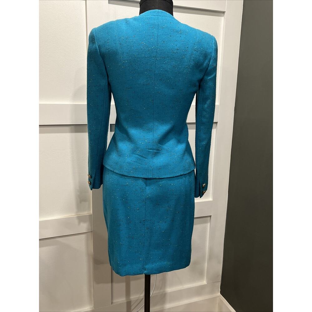 VTG Noviello Bloom Teal Herringbone Tweed Skirt Suit Set Gold Button Peplum - Picture 5 of 7
